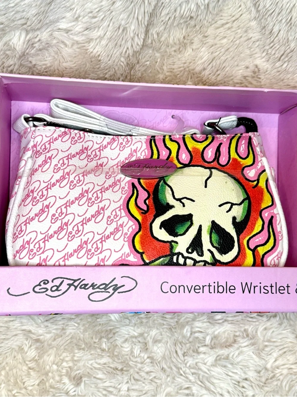 Ed Hardy White & Pink Skull Convertible Wristlet with Key Ring NWT
